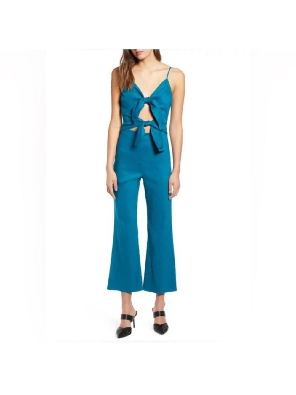 Leith Nordstrom Tie Front Jumpsuit Teal Sz XL $79 Crop Linen Blend NWT Sexy